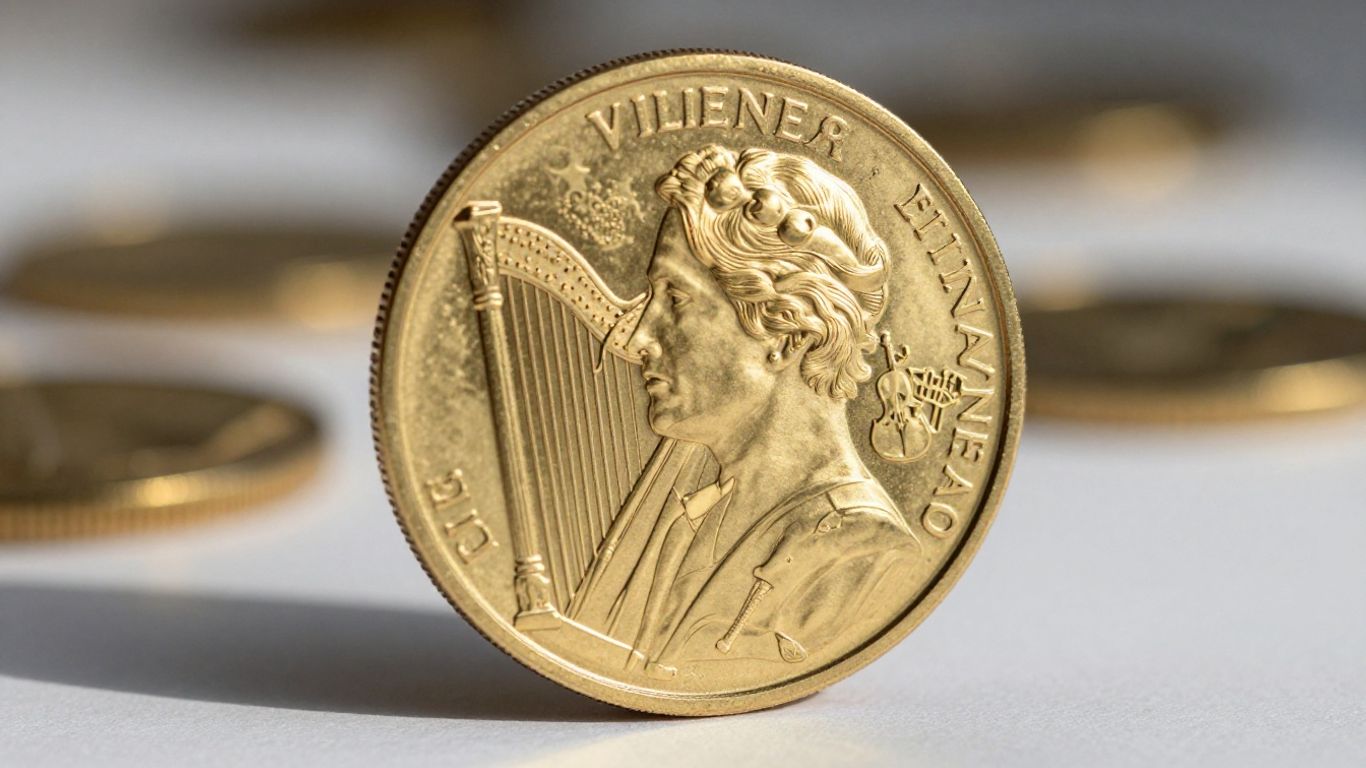 Pièce d'or Philharmonique de Vienne avec instruments de musique.