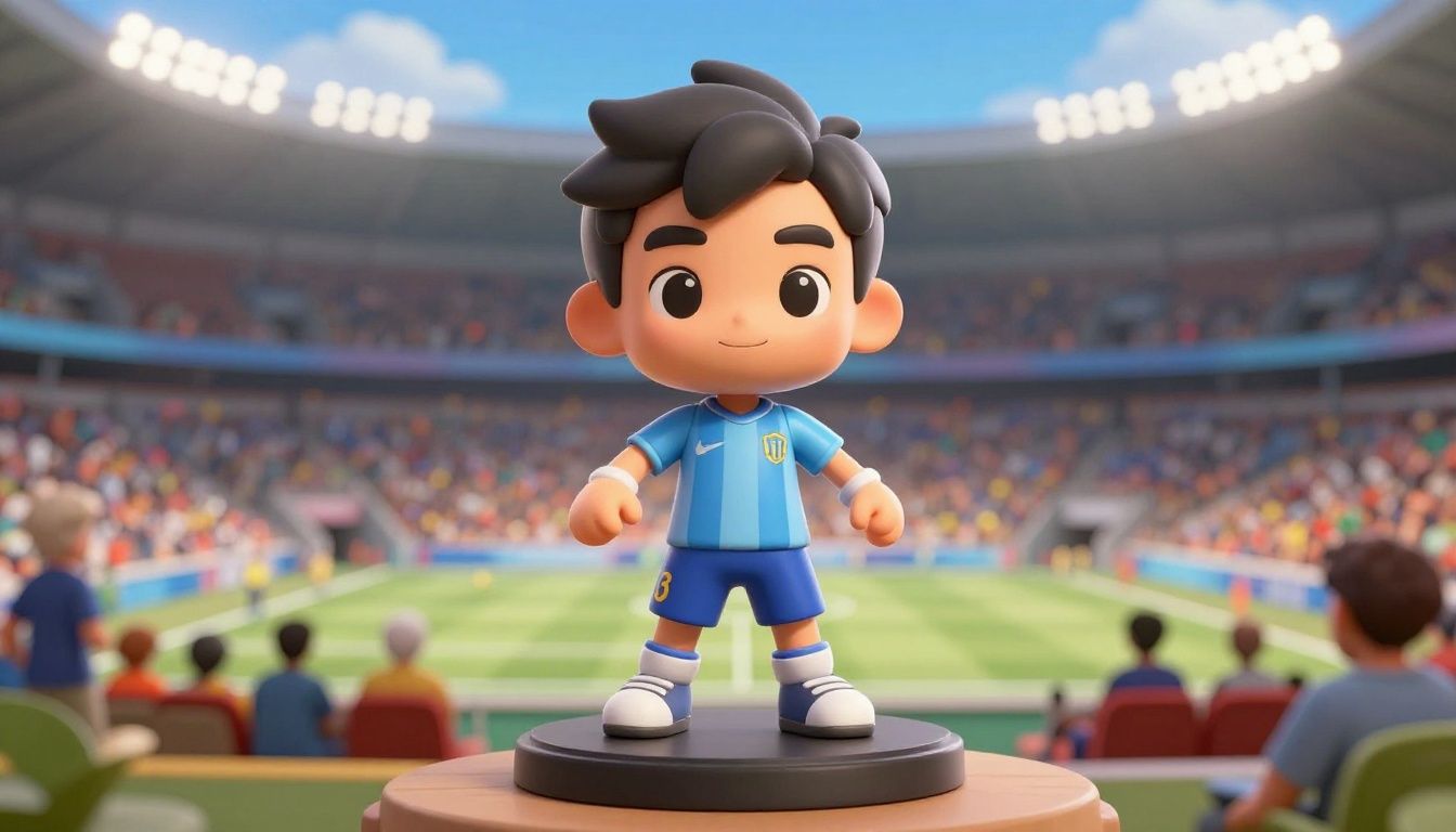 Um jogador de futebol virtual executando um drible técnico em alta velocidade contra um defensor em um estádio lotado