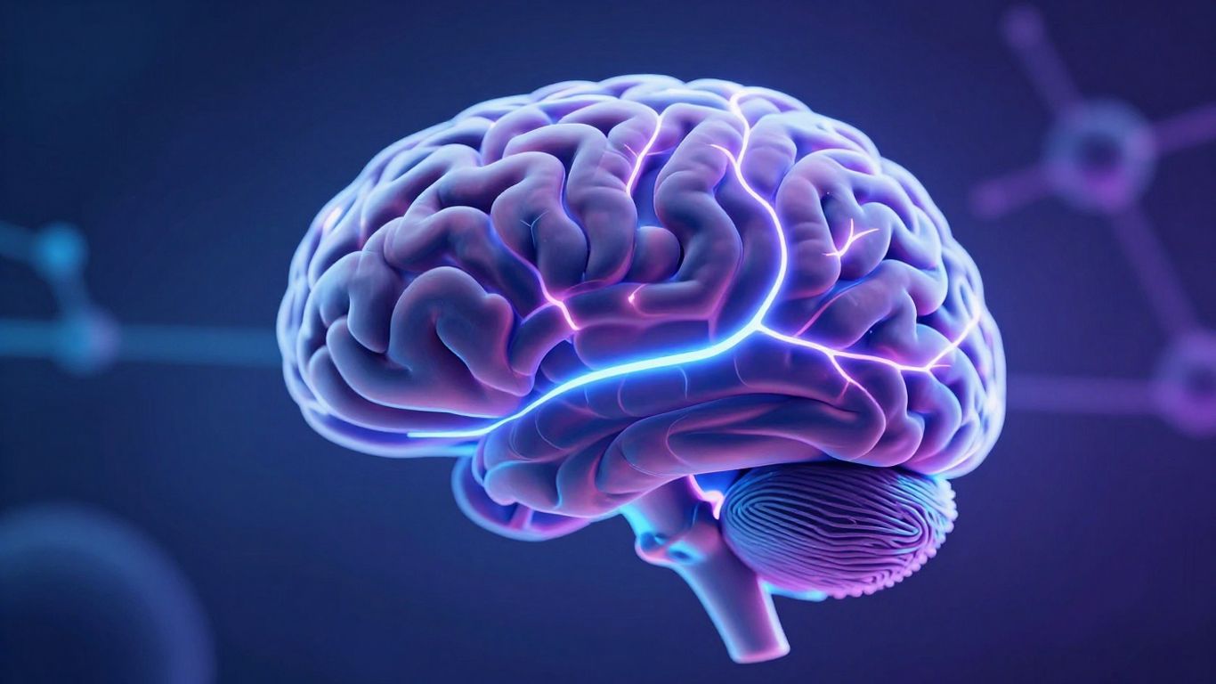 Brain with glowing neural pathways, research concept.