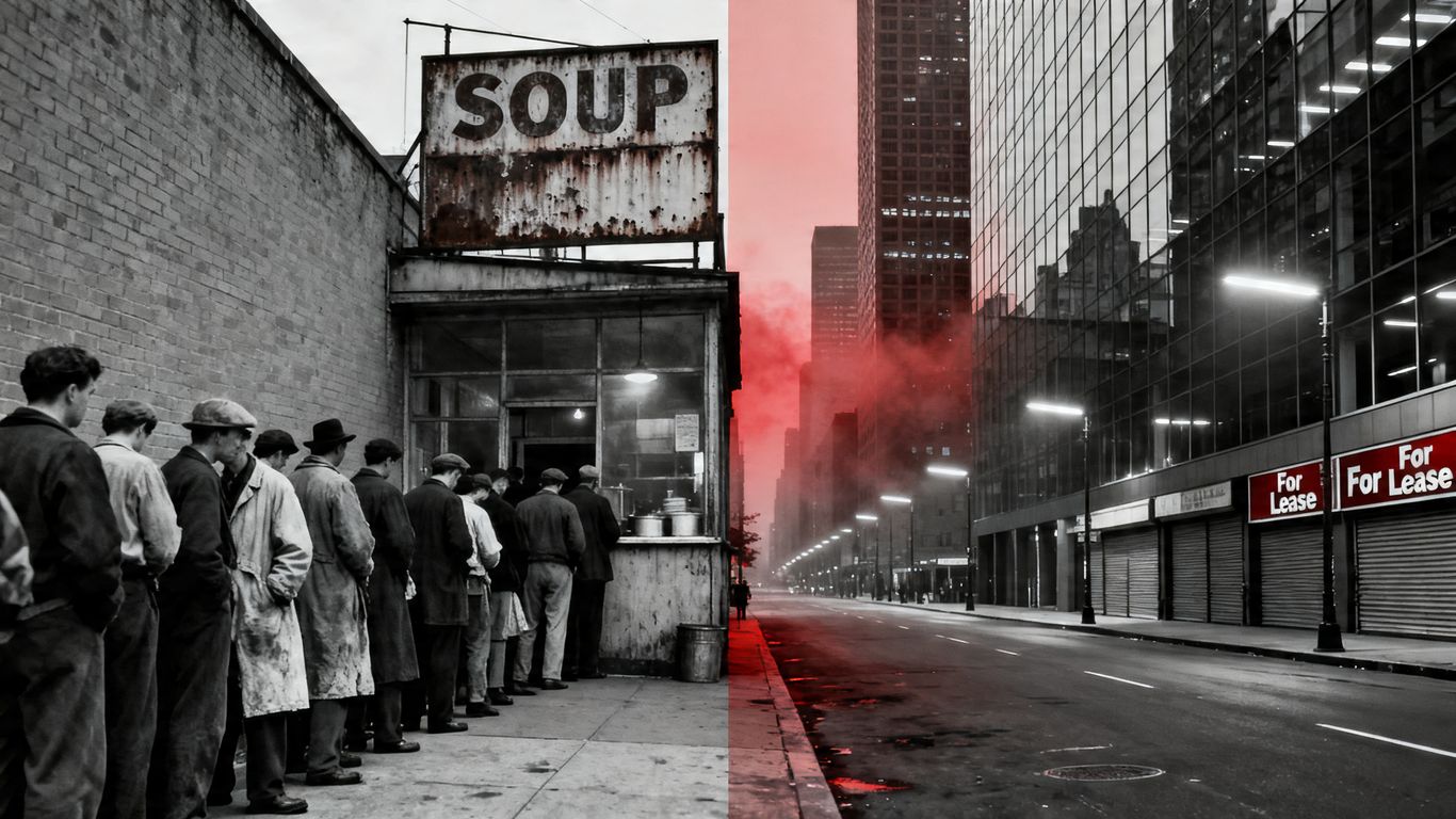 Comparing 1930s breadline with modern financial crisis cityscape.