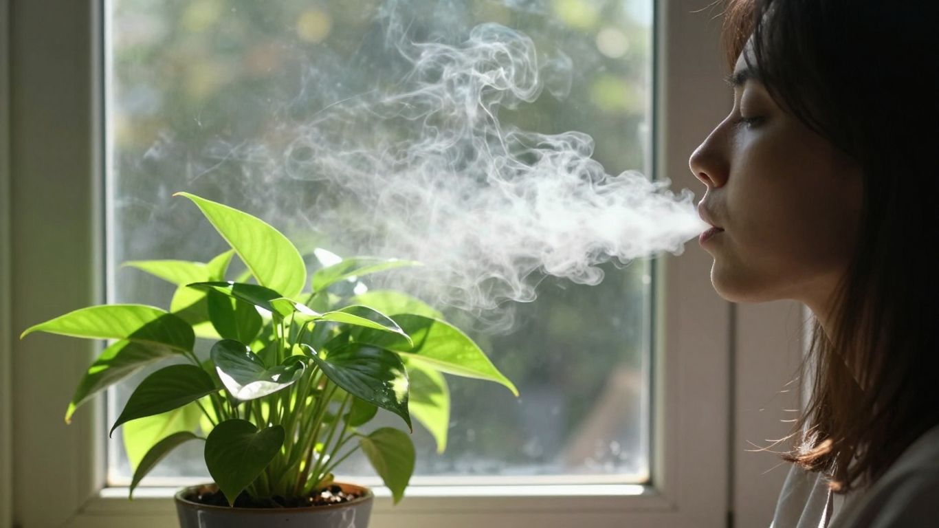 Person exhaling smoke clearing to fresh air.
