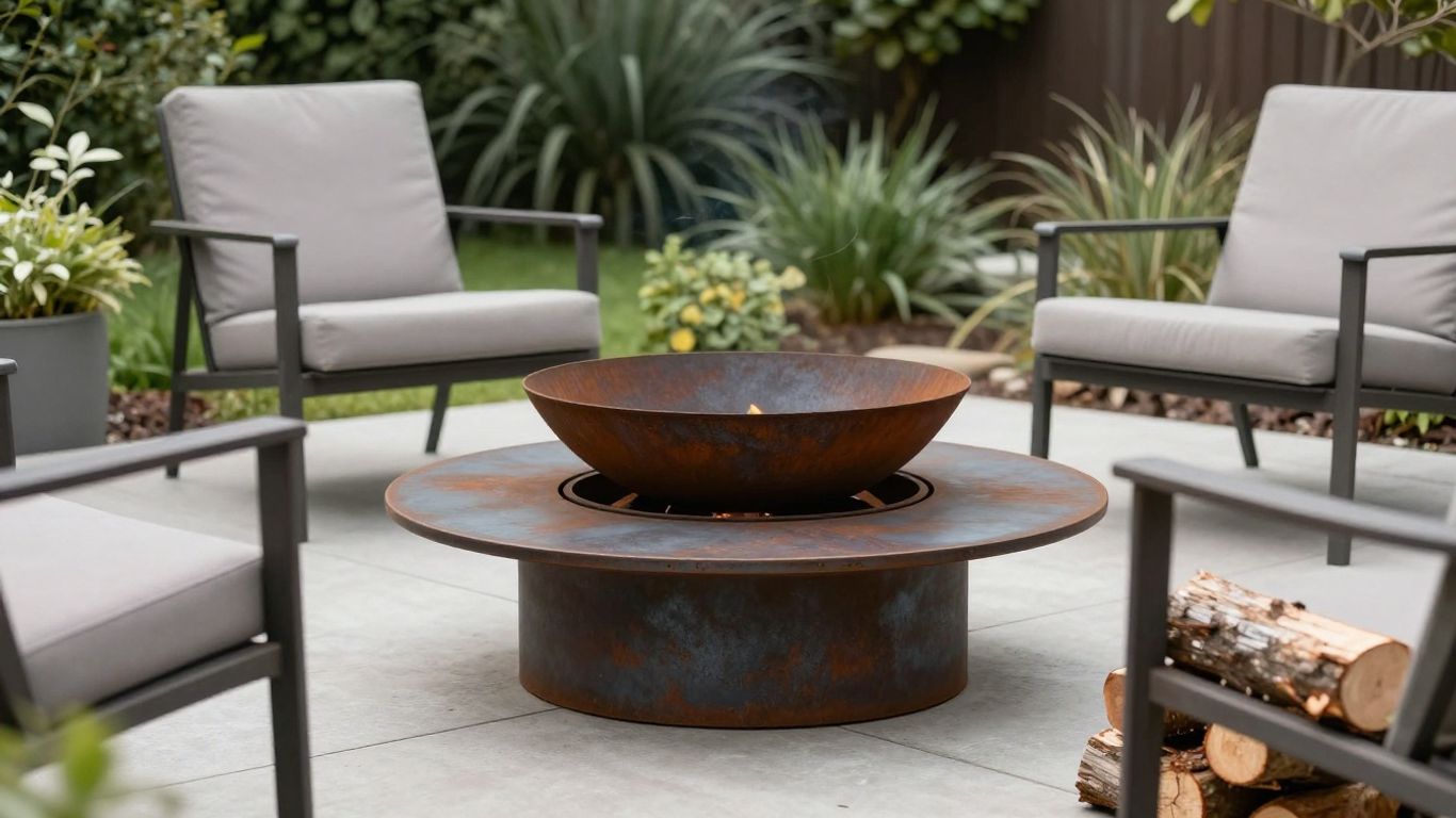 Corten steel fire pit beside a sheltered patio seating area
