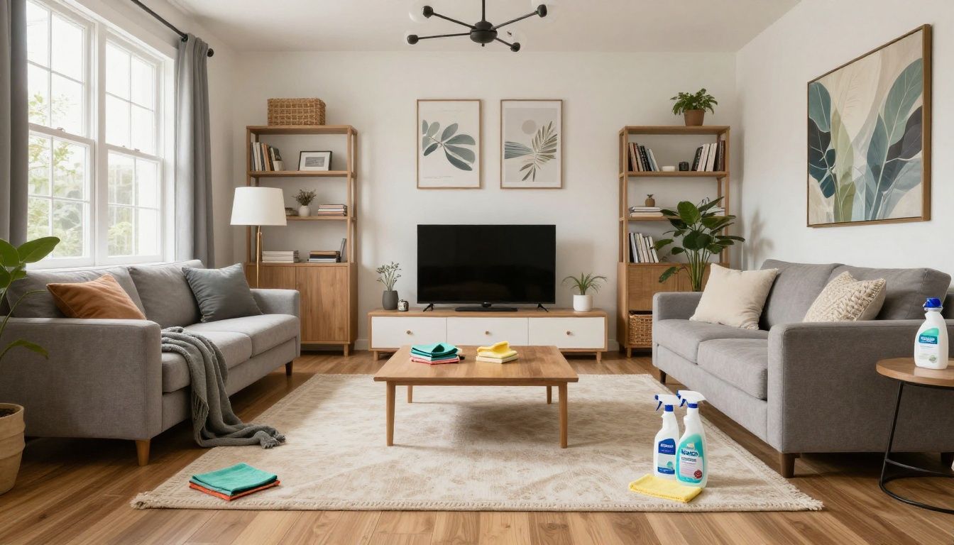 Detailed eco-conscious home cleaning with microfiber cloths, labeled low-odor products, and a spotless pet-friendly living room