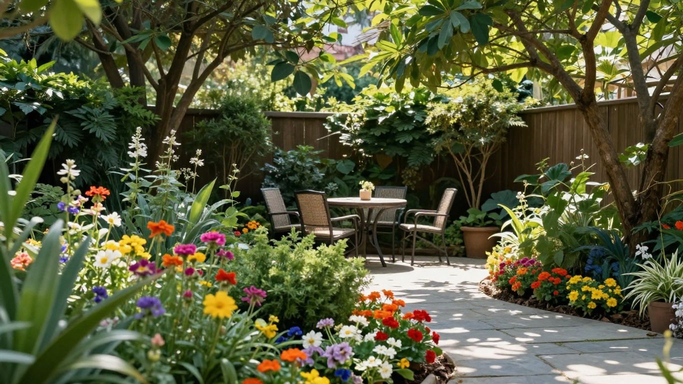 Vibrant garden with stone patio and colorful flowers.