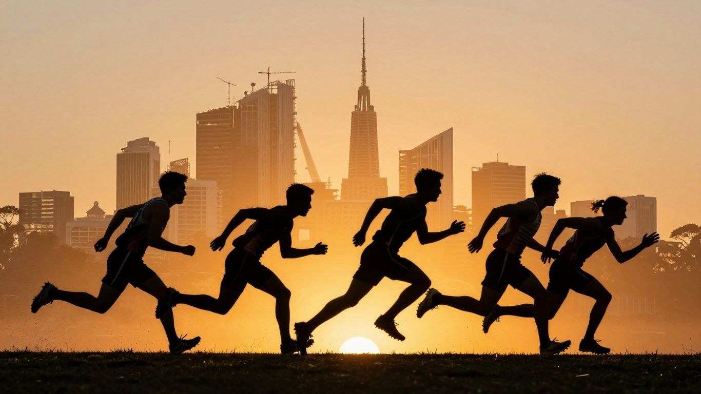 Australian athletes in action with iconic landmarks.