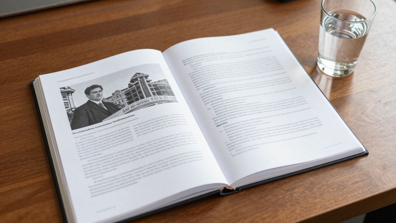 An open folder of legal and property documents sitting on a polished timber desk next to a glass of water