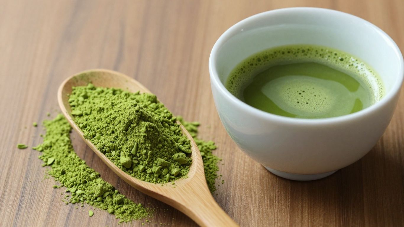 Vibrant green matcha powder and frothy matcha tea in a bowl.