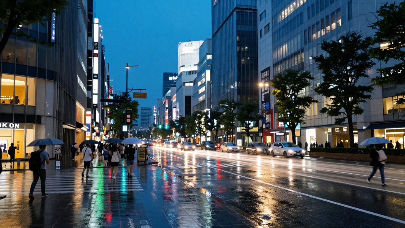 Tokyo street crossing glowing after rain
