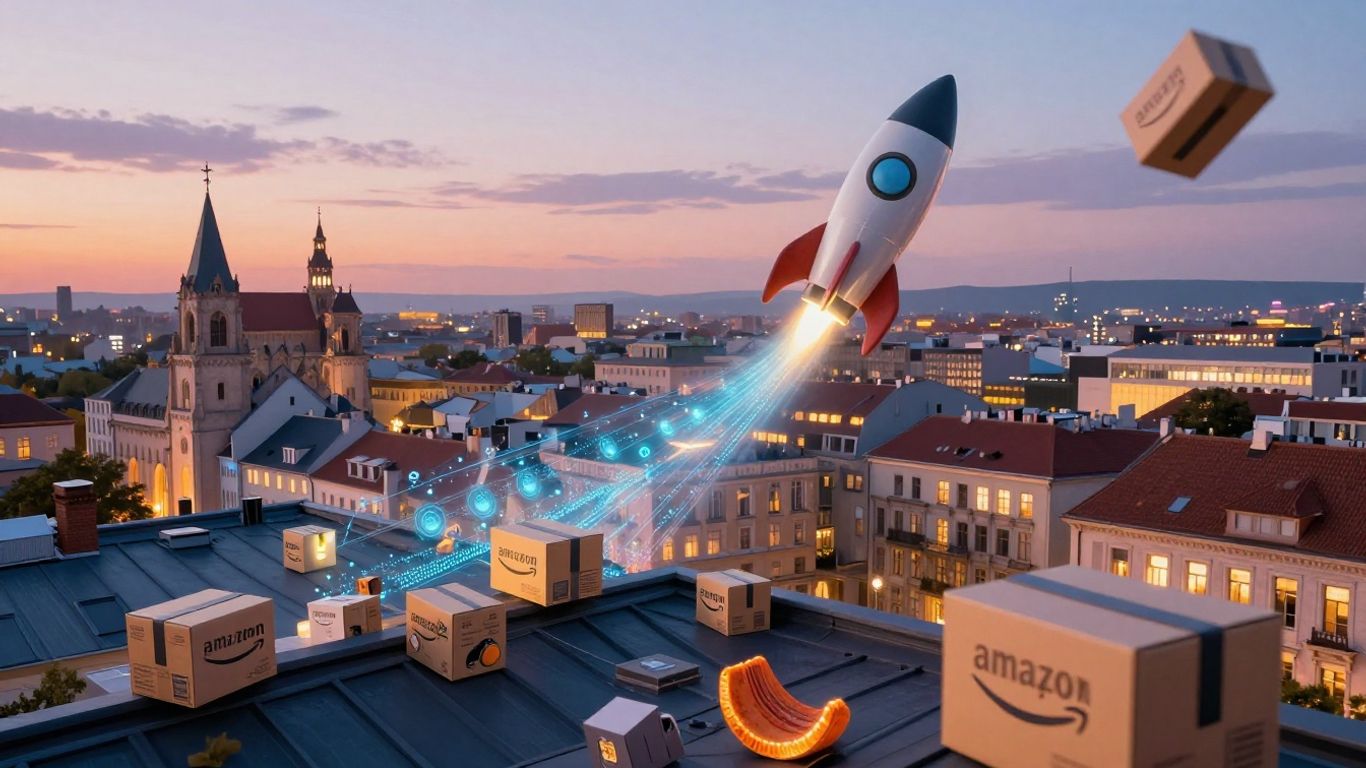European cityscape with Amazon boxes and ascending rocket.