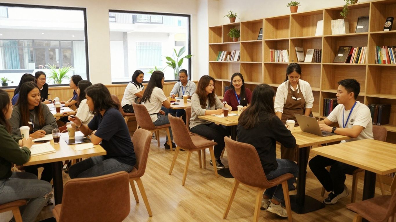 Staff and residents in a welcoming hostel common area.