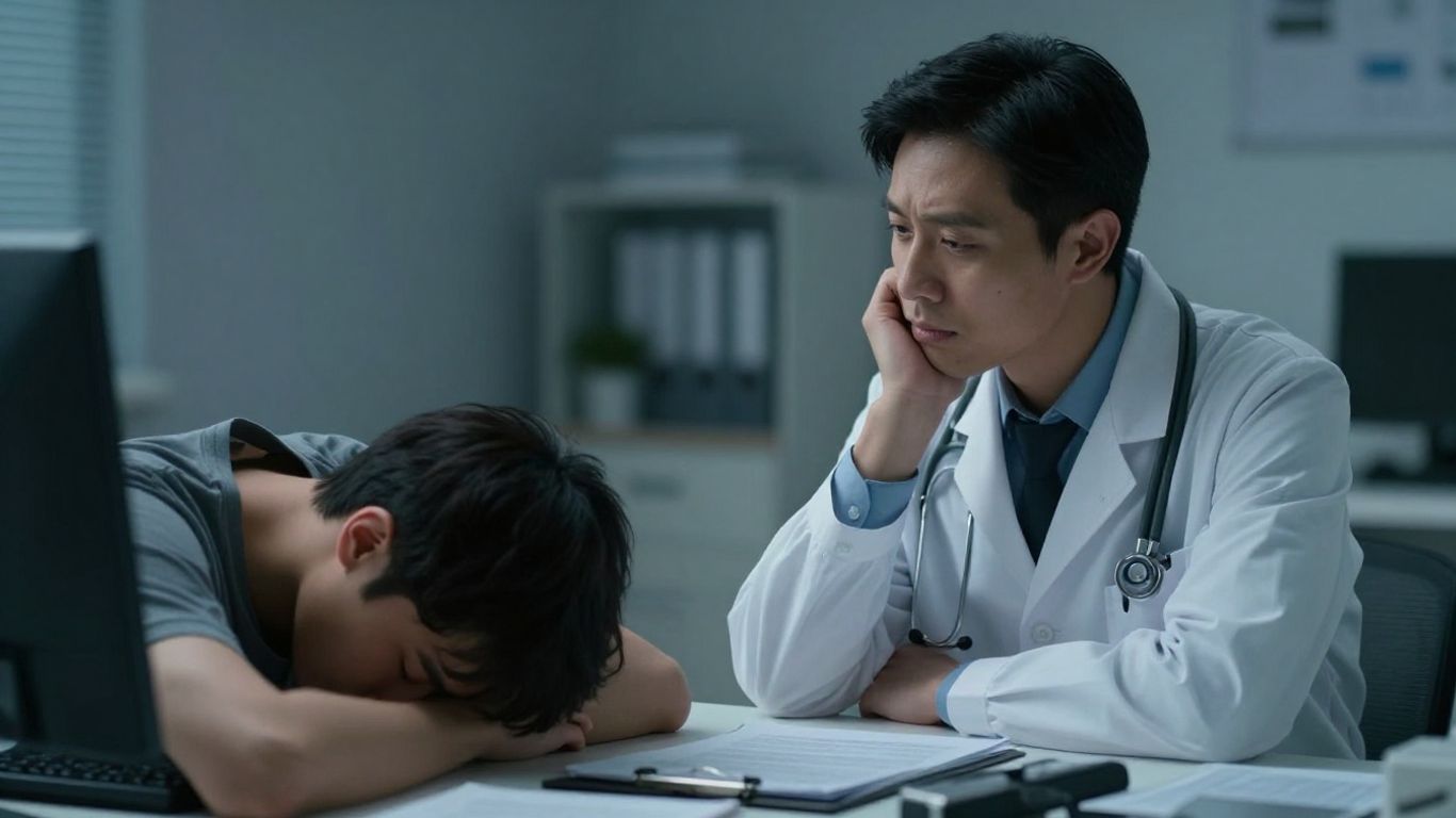 Doctor examining a tired person in a dimly lit office.