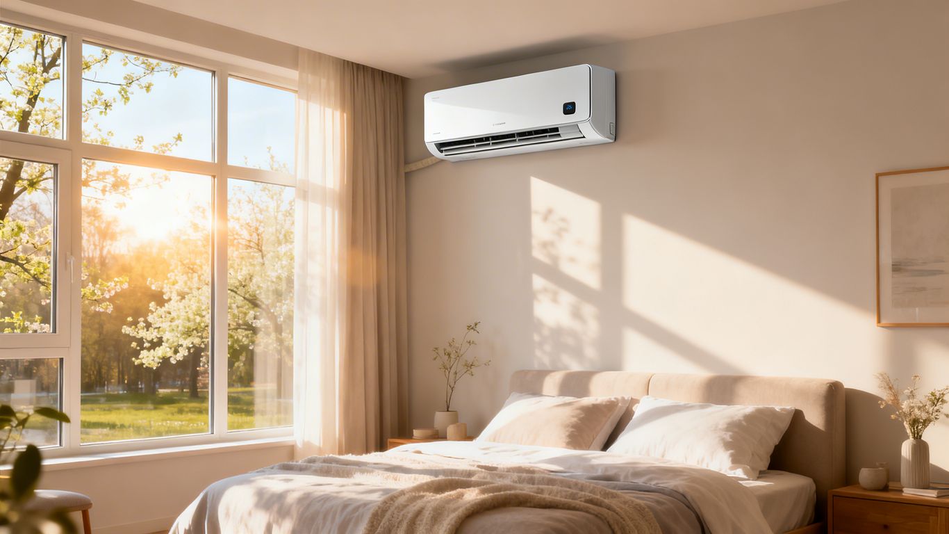 Mini-split AC unit cooling a sunny bedroom.
