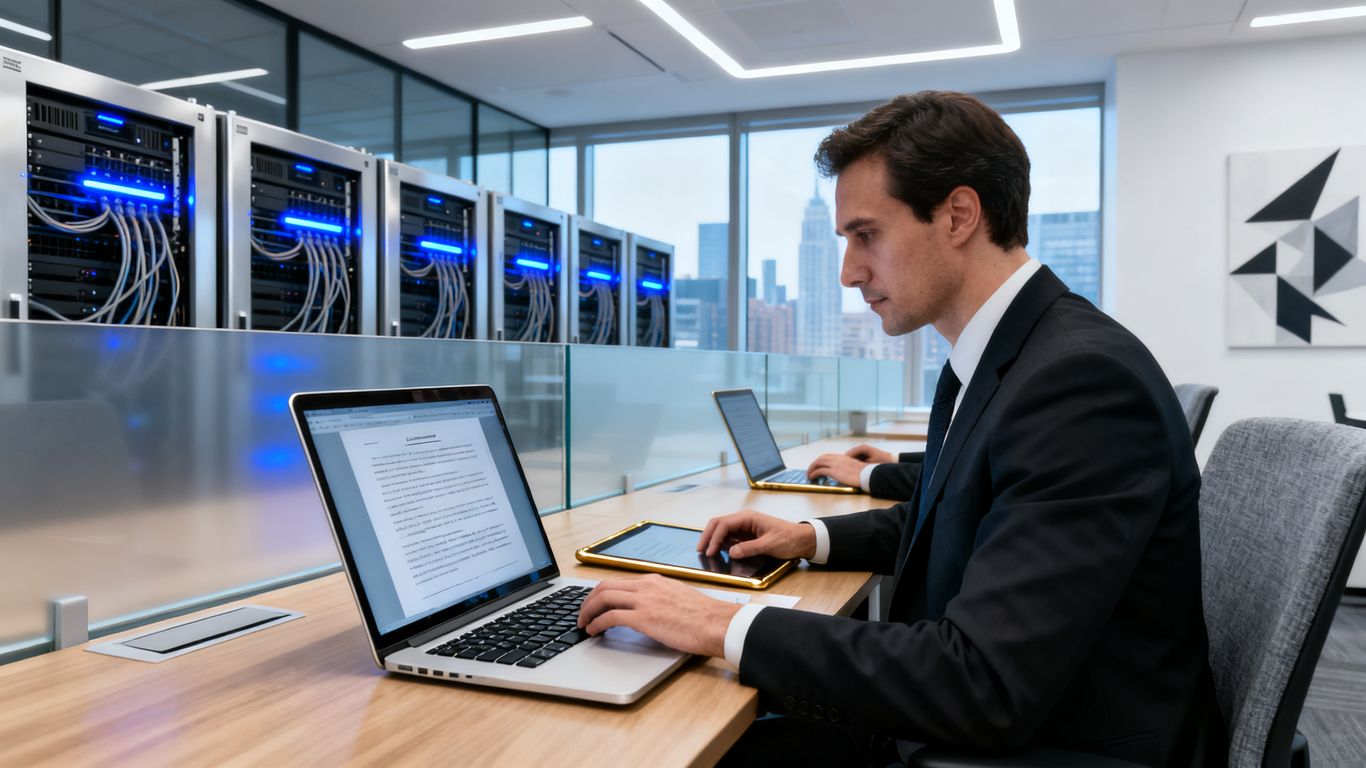 Law firm office with lawyers using advanced technology