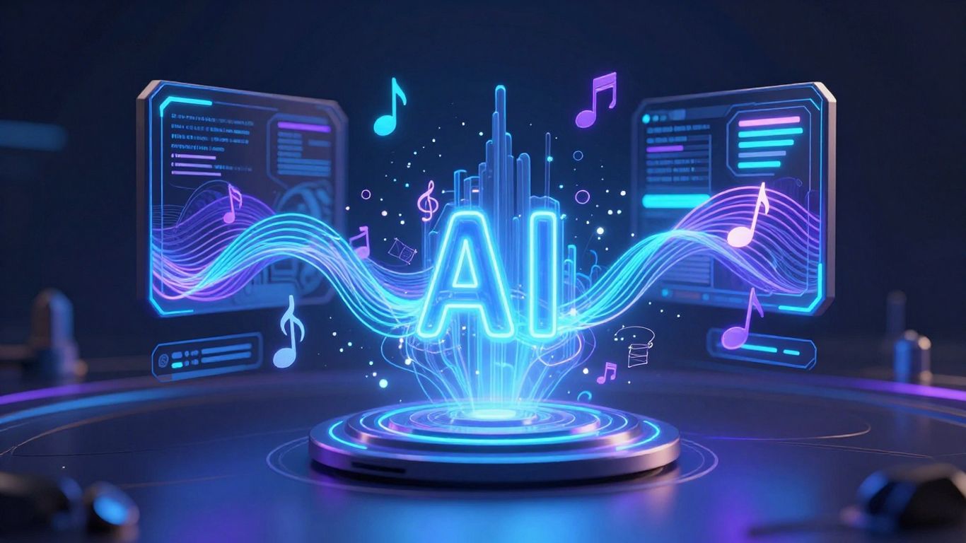 AI interface generating music with abstract sound waves.