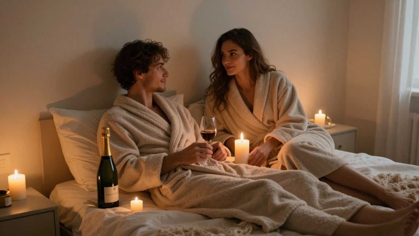 Couple se détendant dans une chambre d'hôtel luxueuse.