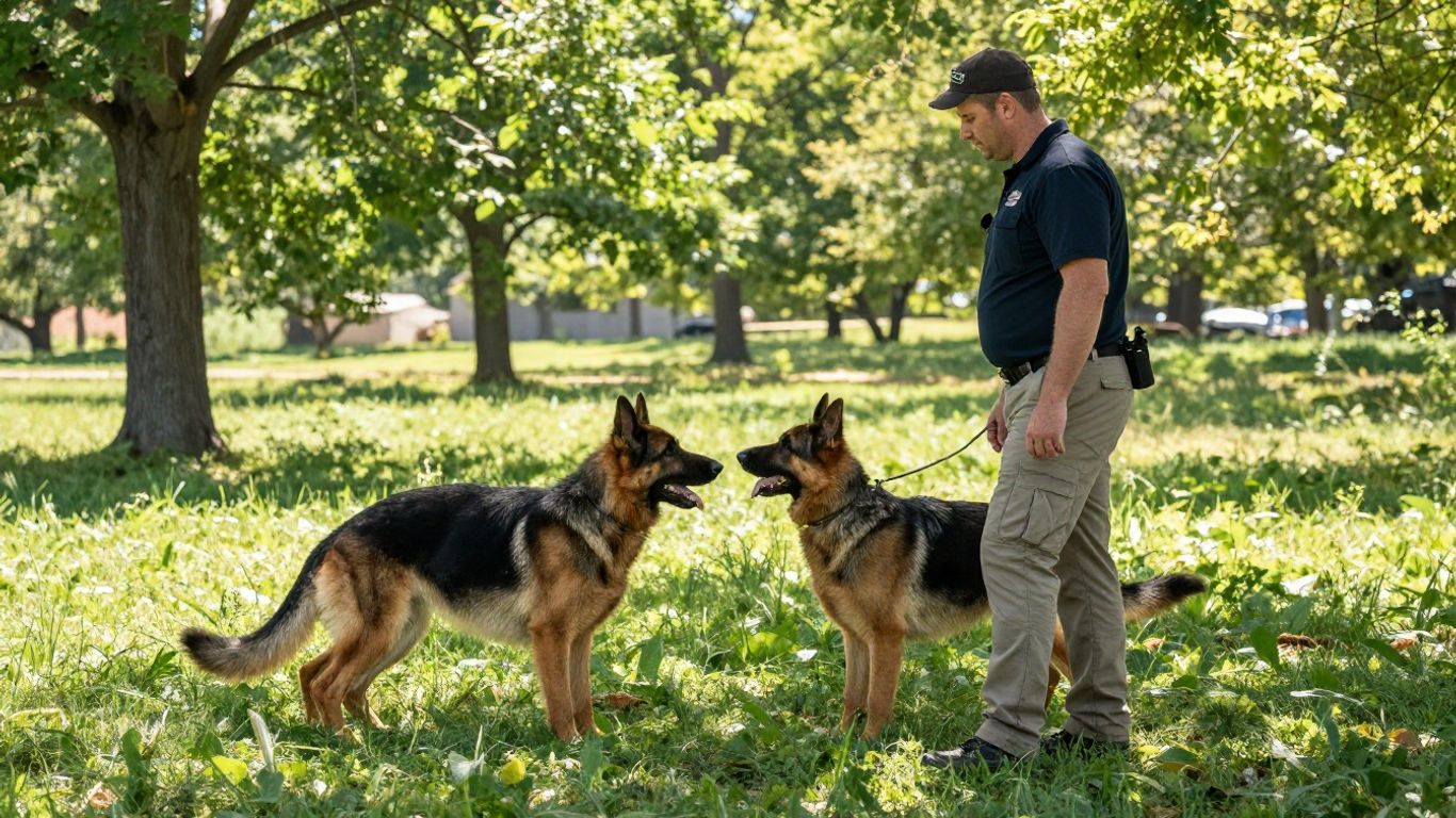 Two dogs meeting outdoors with handler watching.