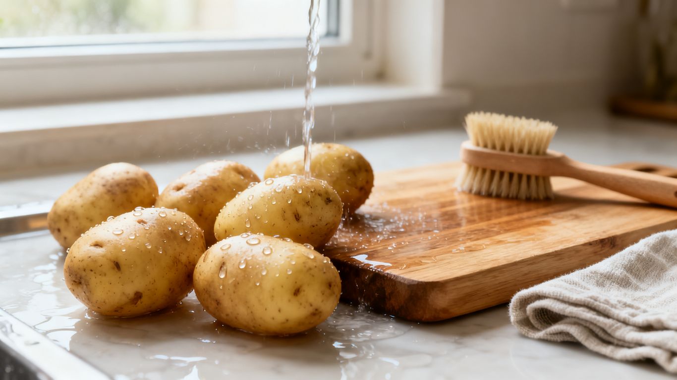 Gewassen biologische aardappelen op een houten plank