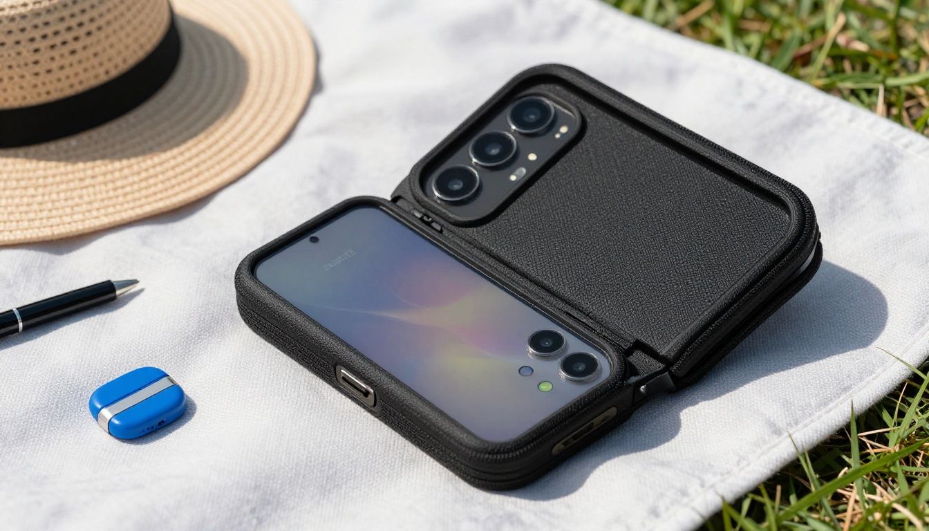A Galaxy S25 FE in a stylish case placed on a picnic blanket at an Australian park, surrounded by everyday accessories