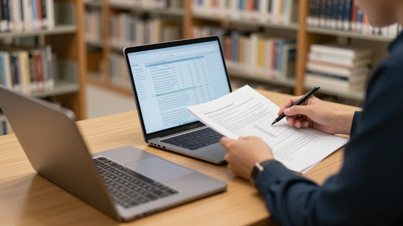 A professional examining data on a desk
