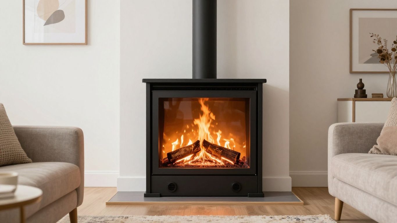Freestanding bioethanol fireplace in a calm living room