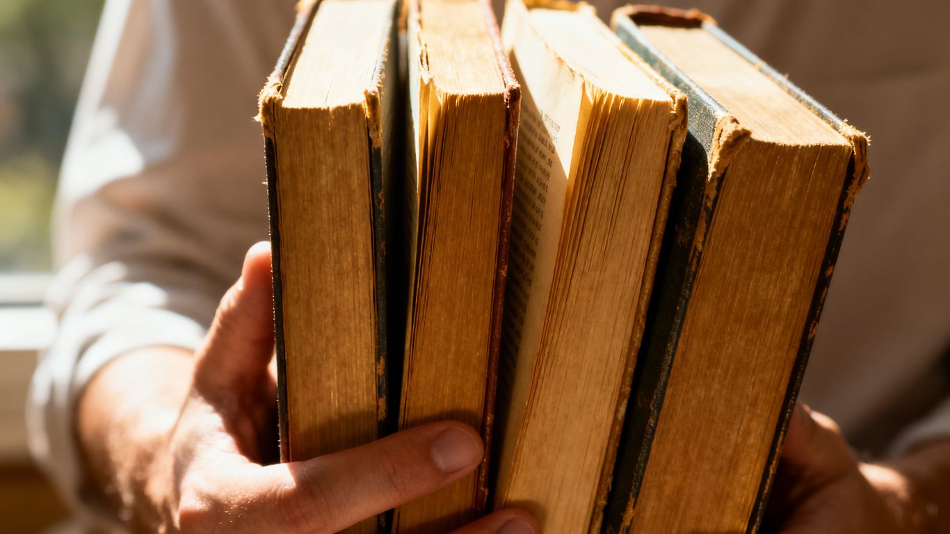 Hands holding open books, sunlight illuminating pages.