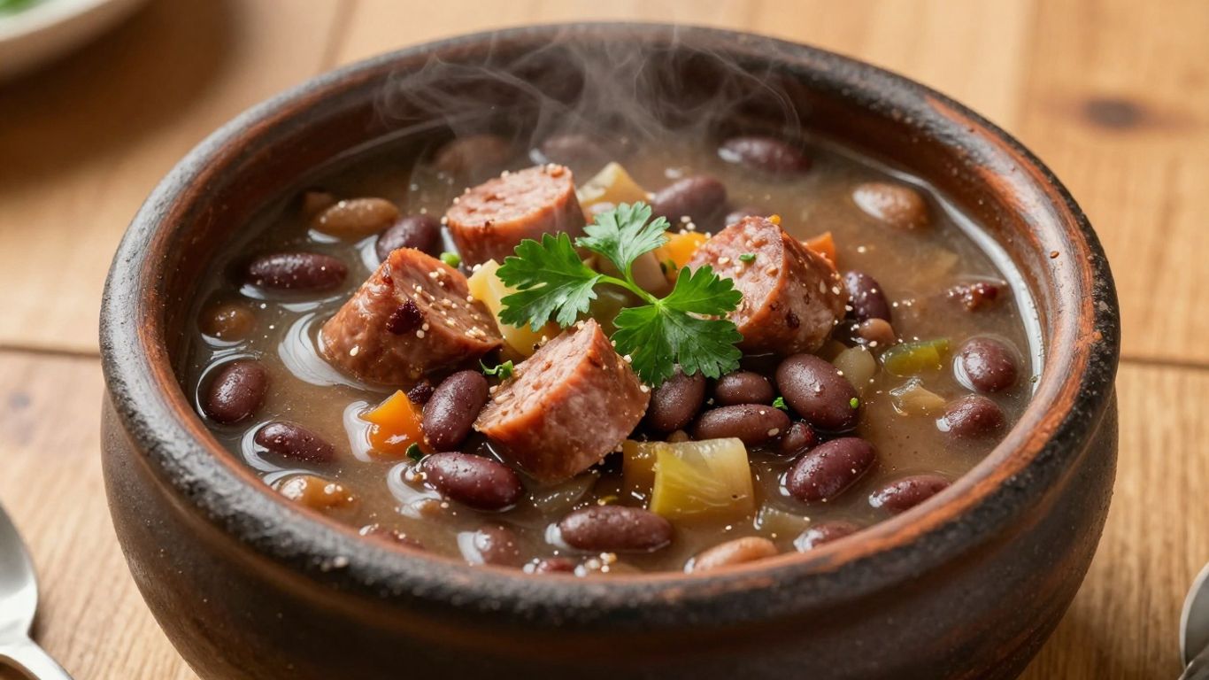 Hearty Portuguese stone soup in a rustic bowl.