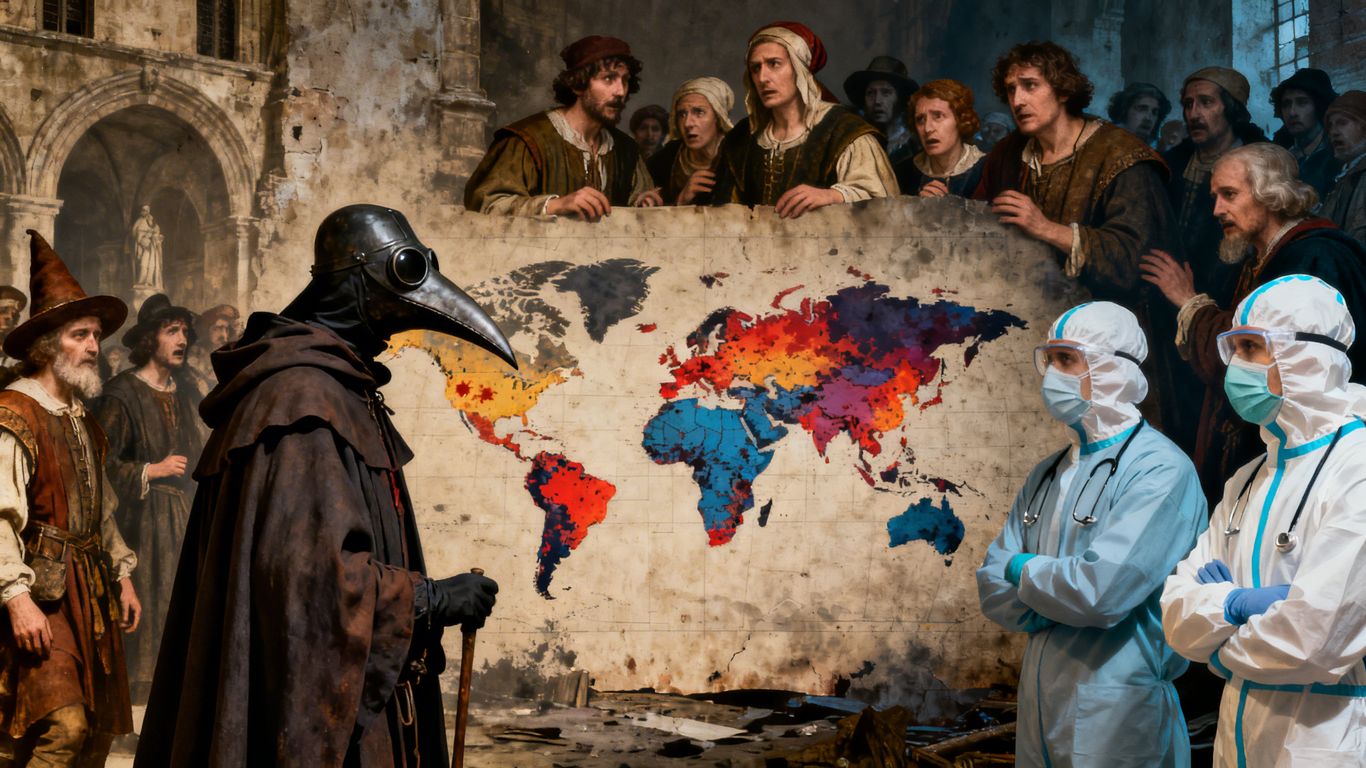 Historical pandemics montage with plague doctors and medical professionals.