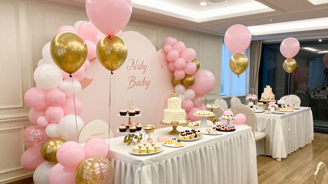Decorated baby shower venue with balloons, cake, and cupcakes.