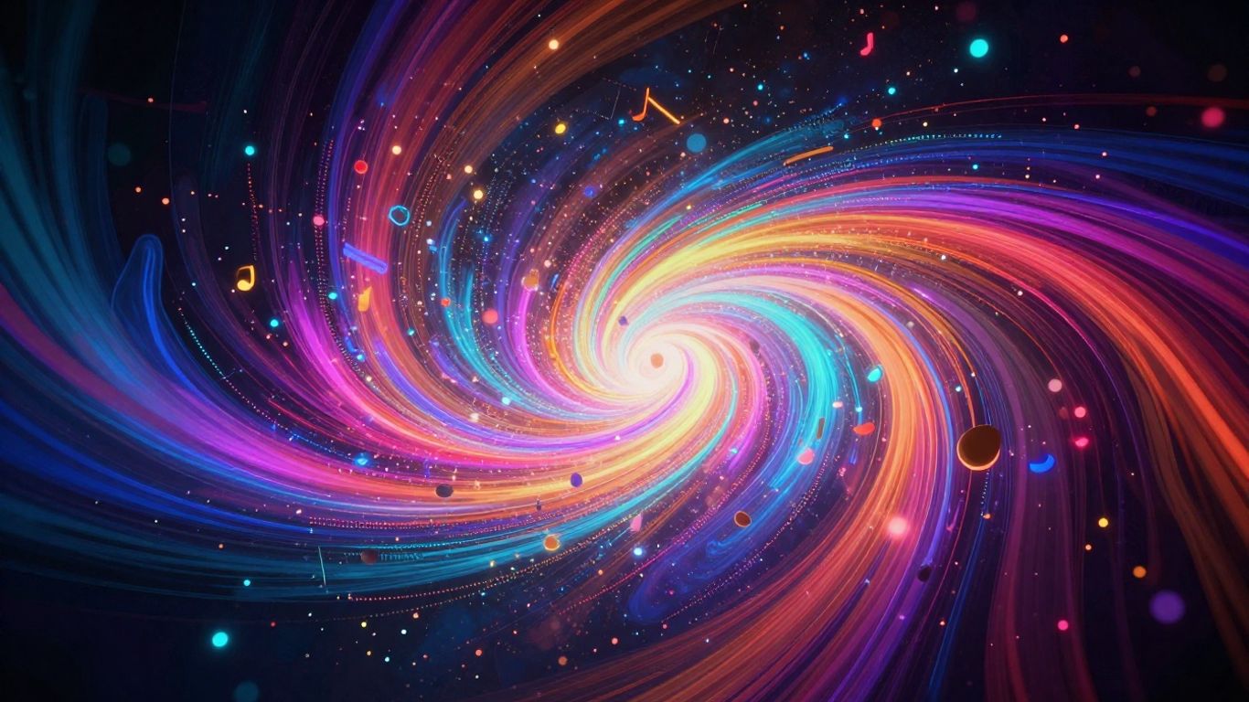Abstract visualizer with pulsing lights and digital particles.