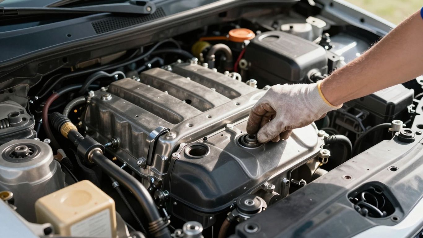Toyota car engine bay with mechanic's hand