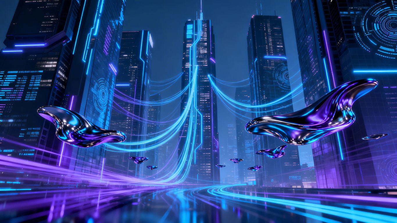 AI marketing concepts visualized with futuristic city and data streams.