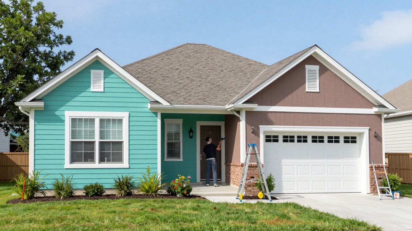 Professional painters painting a suburban home's exterior