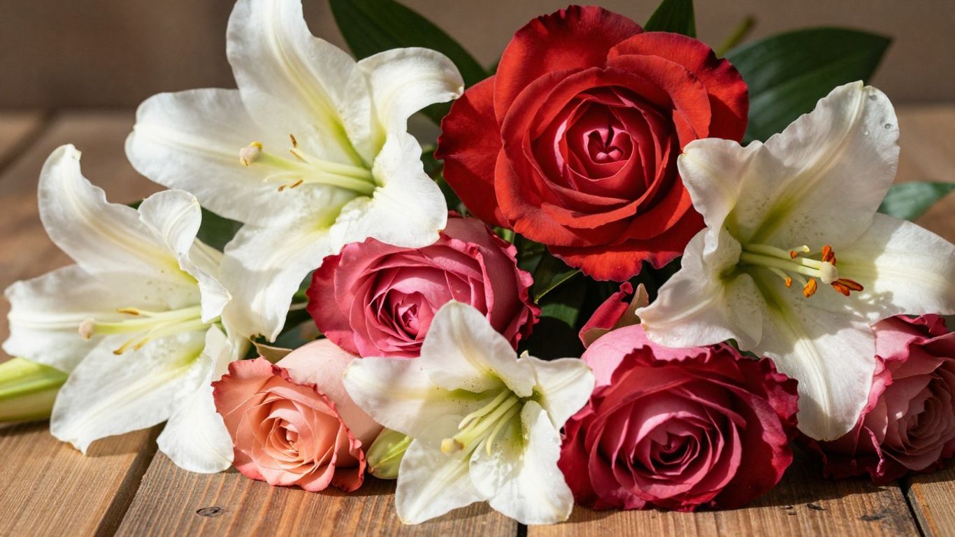 Colorful floral arrangement with roses and lilies.