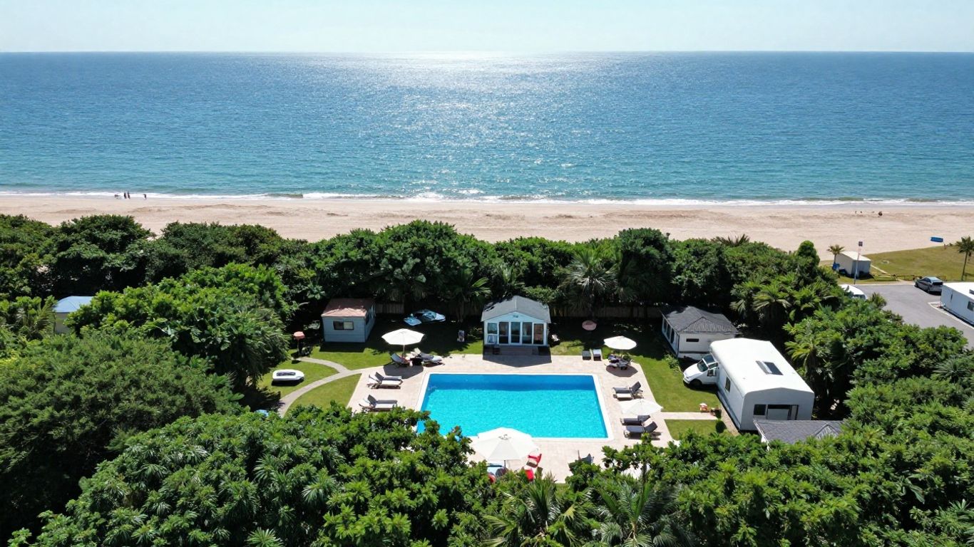 Holiday park with cabins, pool, and ocean view.
