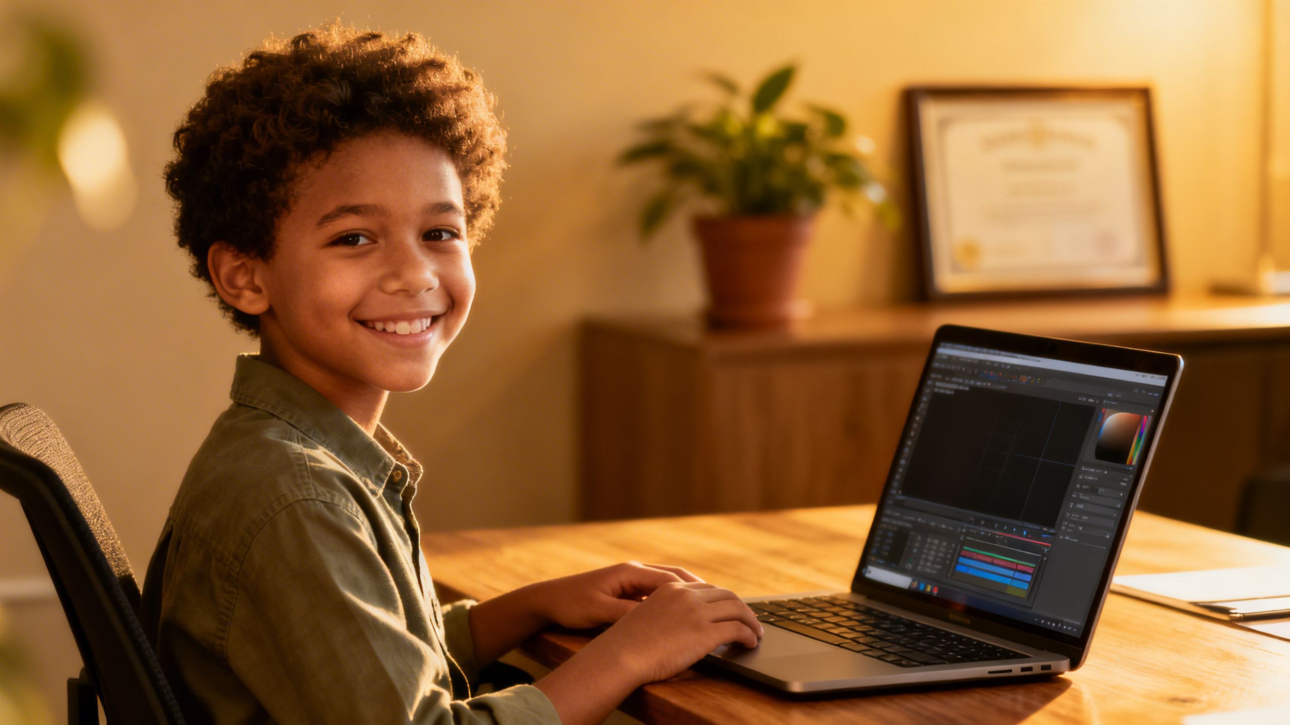 A small business owner smiling while looking at a laptop, feeling confident after making a decision on new software