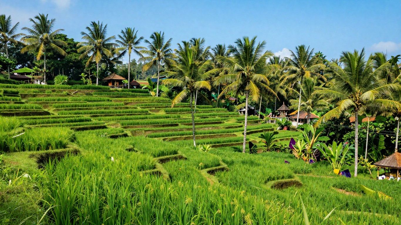 Lush green rice terraces and palm trees in Ubud, Bali.