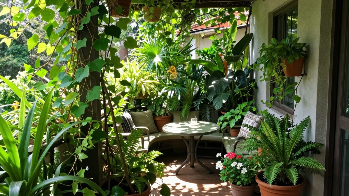 Grüner Balkon mit Pflanzen und Sitzgelegenheiten