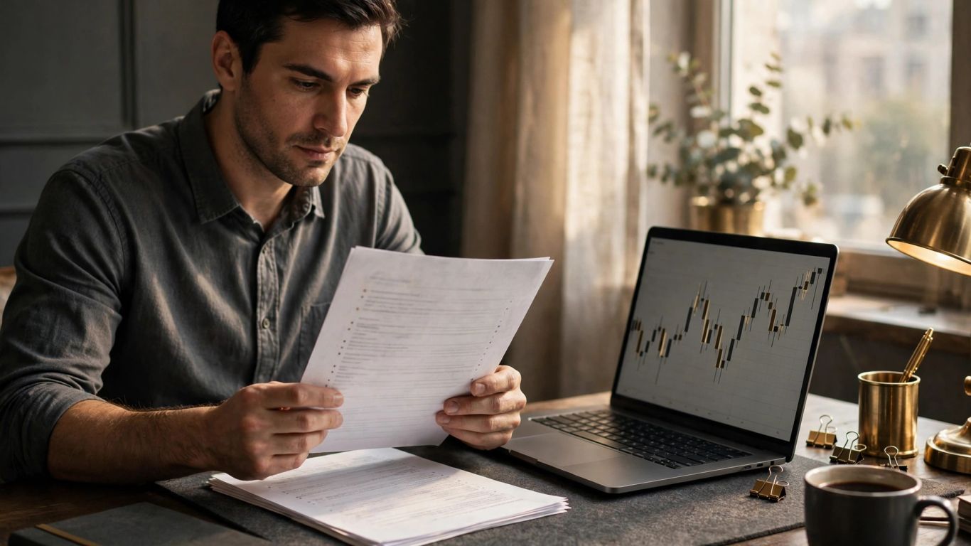 Trader consultant les règles de son compte à côté d’un graphique du cours de l’or