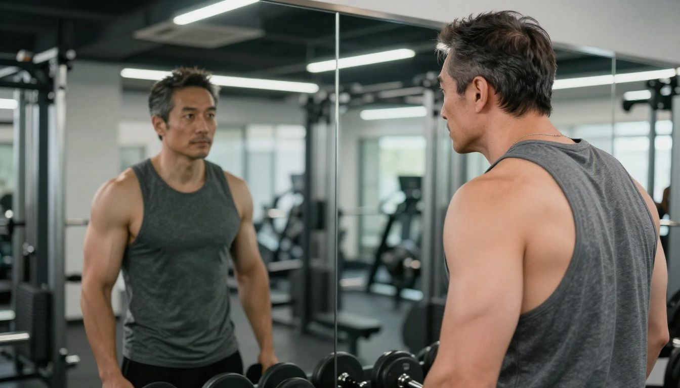 A healthy, fit man in his 40s looking confidently at his reflection in a gym mirror, symbolizing renewed vitality and control over his health.