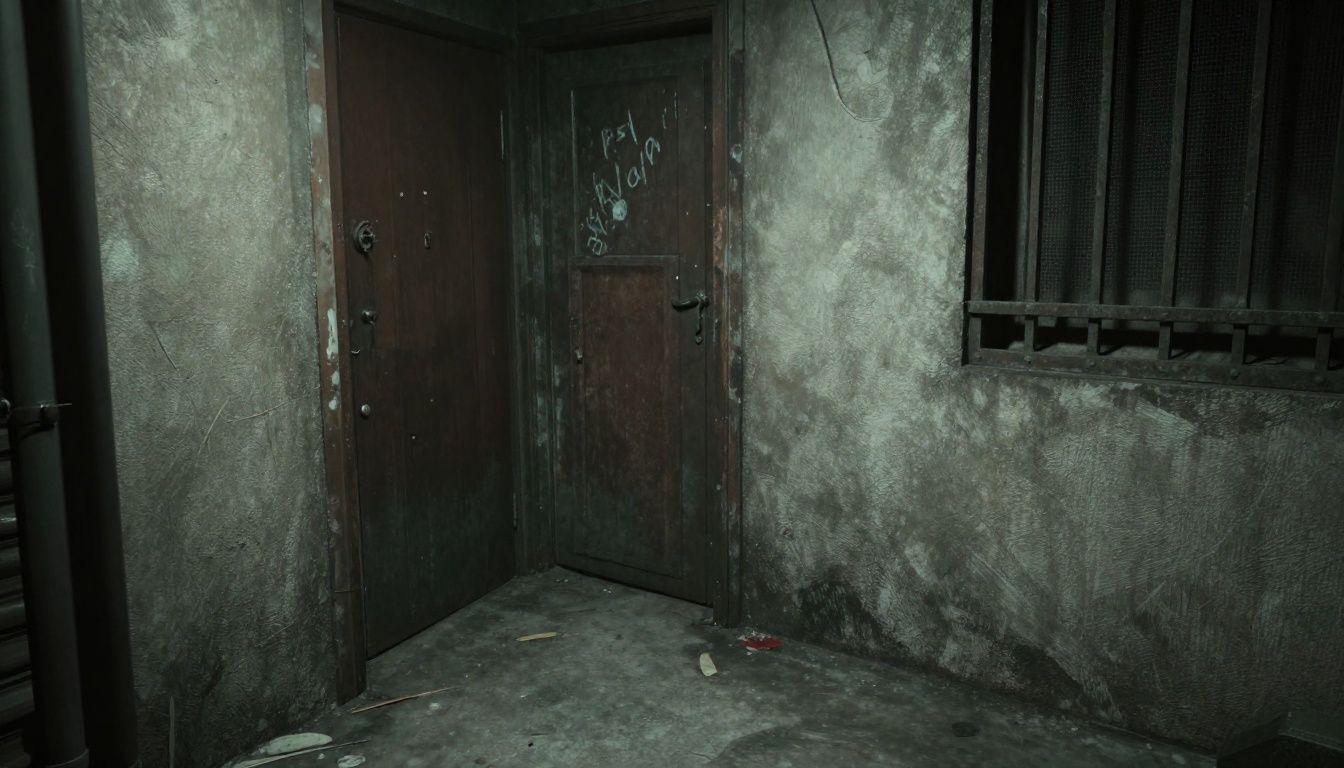 Um detalhe arquitetônico estranho e assustador escondido em um beco escuro de Los Santos, refletindo a atmosfera misteriosa do jogo