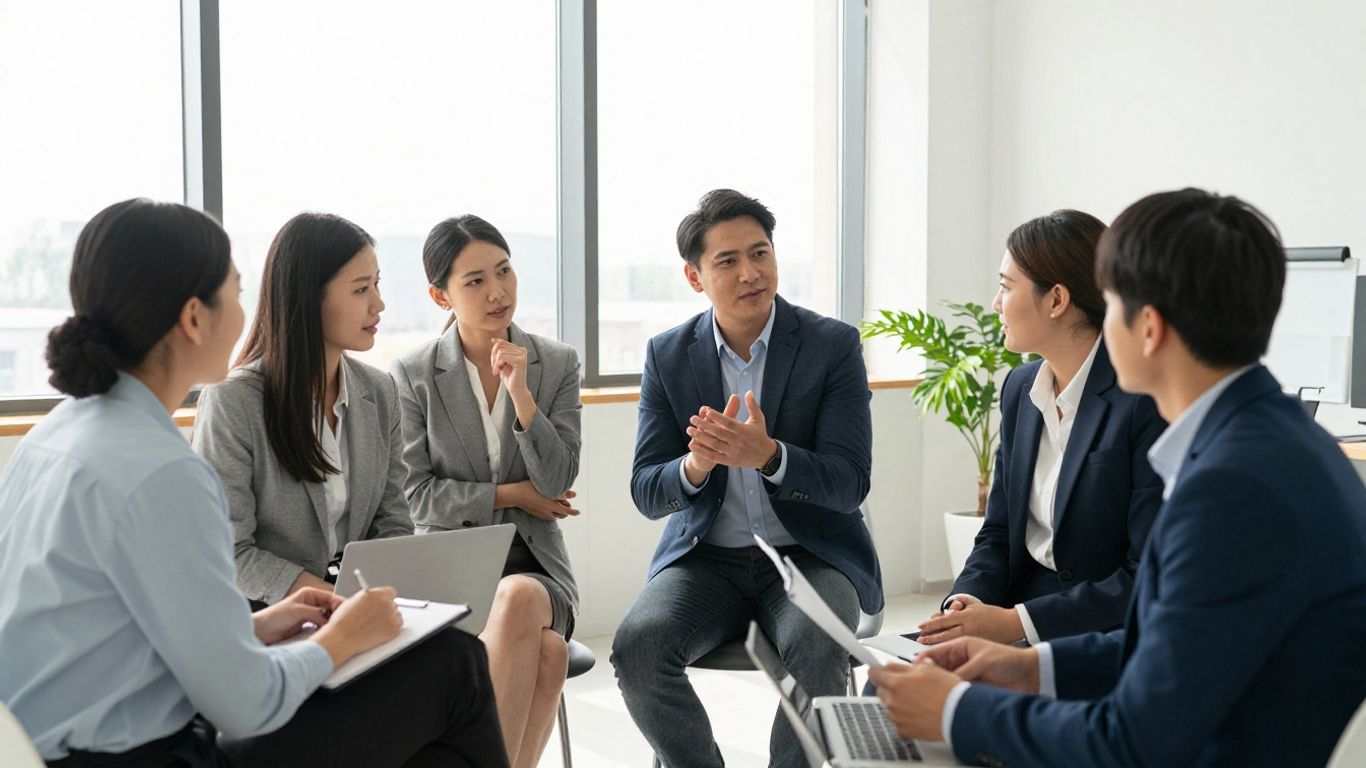 Business leaders collaborating in a bright, modern office.