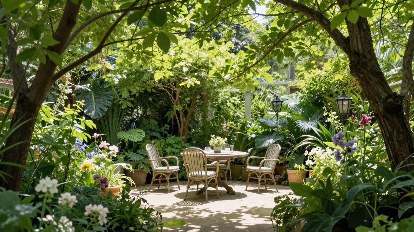 Shaded garden patio with flowers and seating.