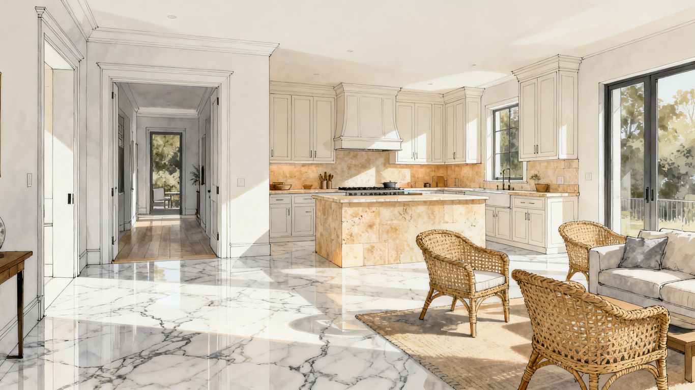 Warm natural stone flooring in a bright interior