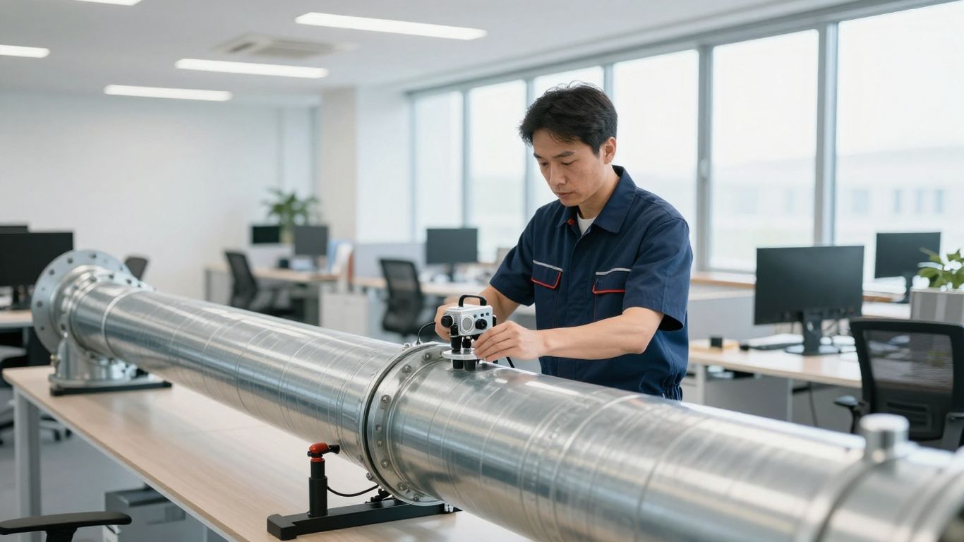 Technician inspecting clean commercial air duct