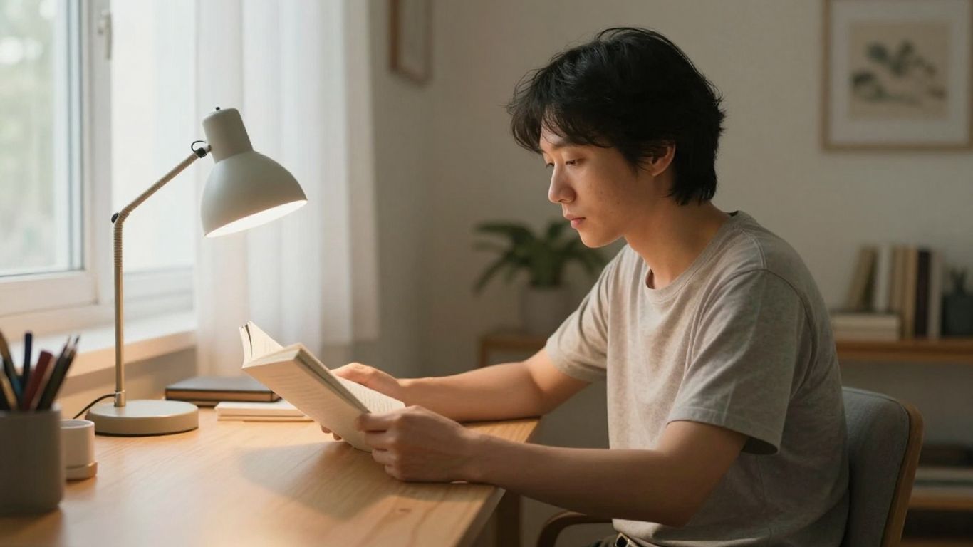Person nutzt Tageslichtlampe am Morgen am Schreibtisch