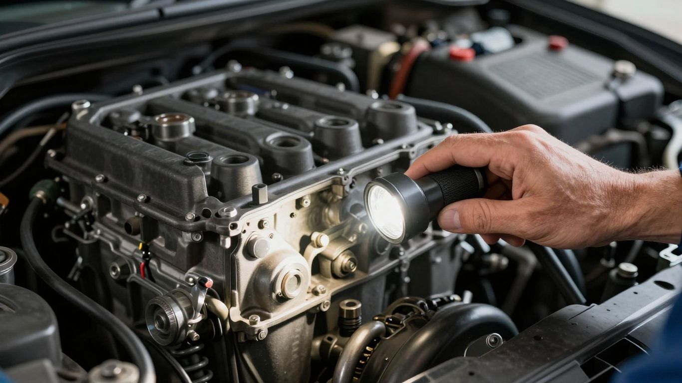 Mechaniker prüft Motorraum eines Gebrauchtwagens