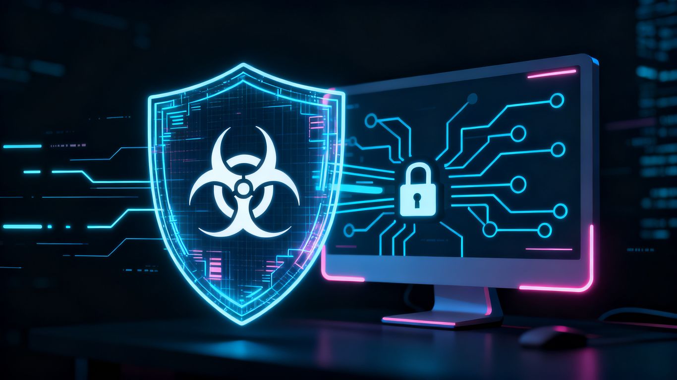 Digital shield blocking access to computer network with biohazard symbol.