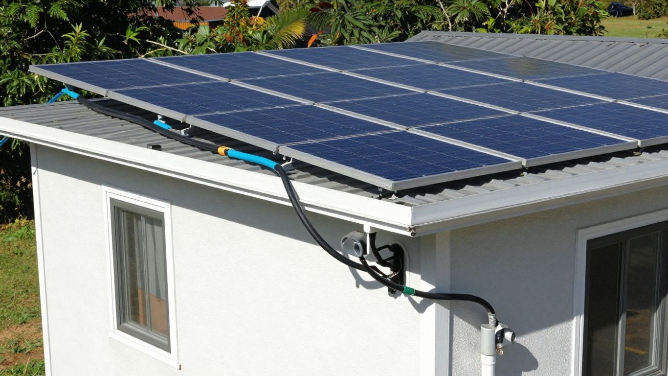 Tiny home with visible utility connections for power and water.