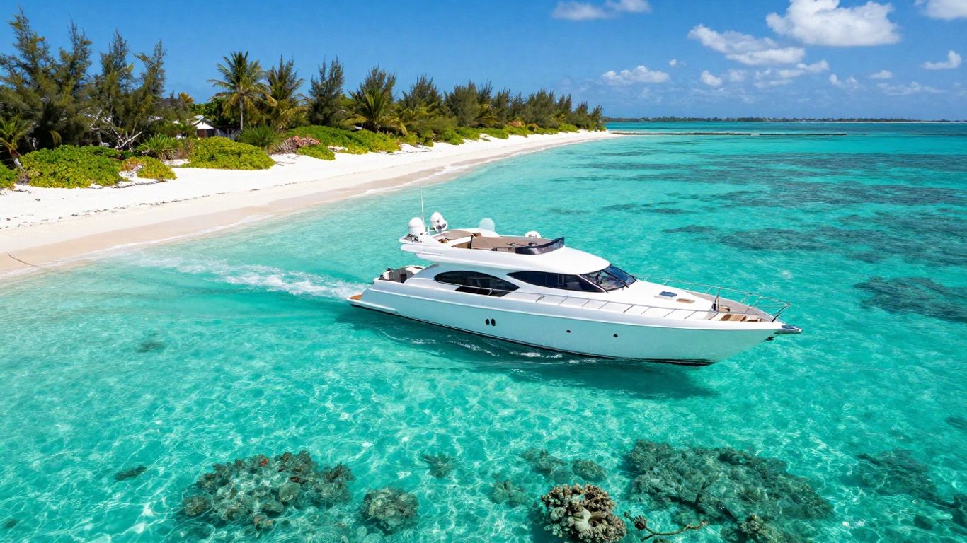 Luxury yacht sailing turquoise waters, Exumas, Bahamas.
