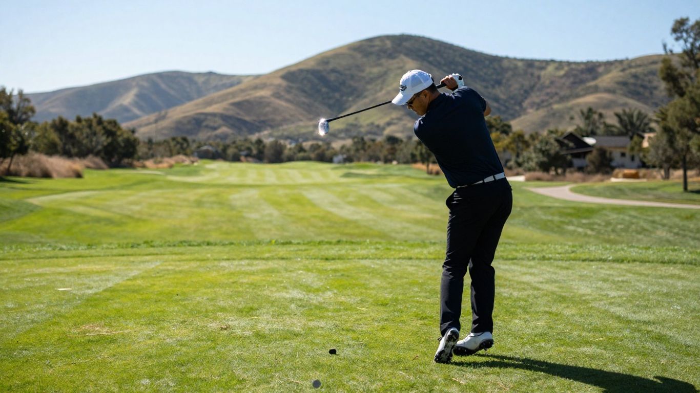 Jucător de golf în acțiune pe un teren verde.